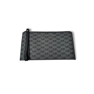 Michael Kors Jet Set Pouch Wristlet Coated Canvas Gray Black MK Logo 10"x 5.5"